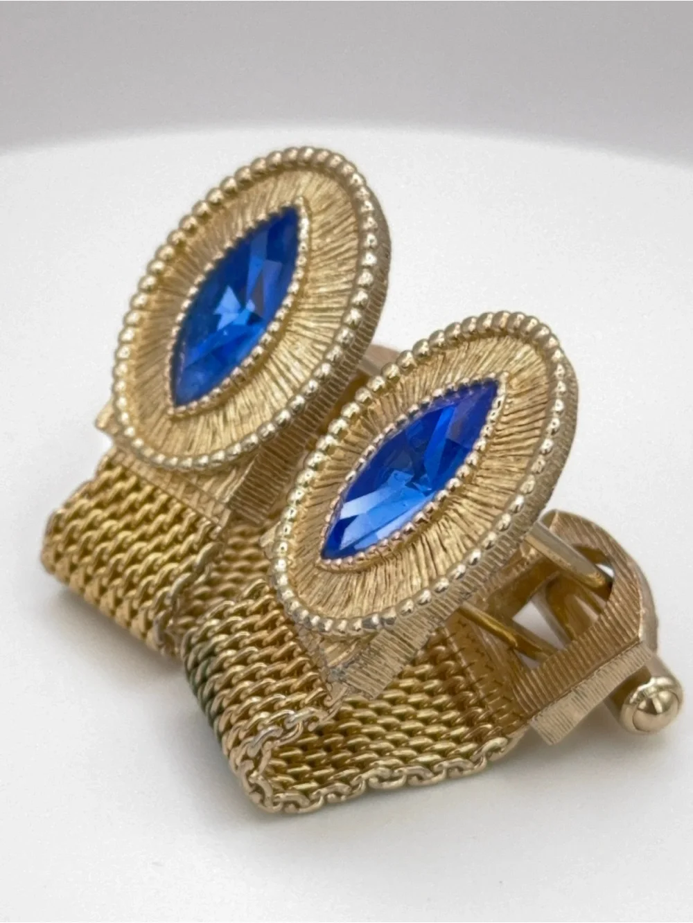 SWANK Gold-Tone Wrap Around Cuff Links with Blue Marquise Style Rhinestone